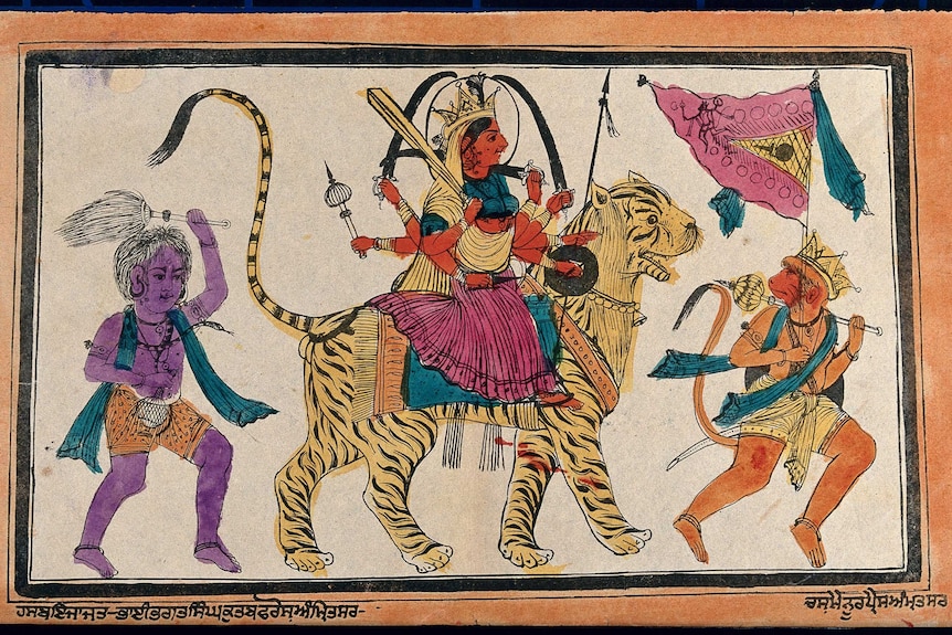 A painting of an Indian goddess with eight arms on the back of a tiger with two supporters