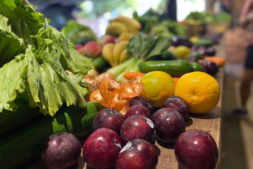 Frutas y verduras en una playa esperando ser empacadas como parte de una cooperativa de alimentos de Sydney