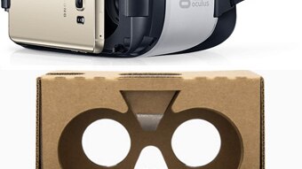 A composite of Samsung Gear VR and Google Cardboard virtual reality headsets.