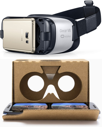 A composite of Samsung Gear VR and Google Cardboard virtual reality headsets.
