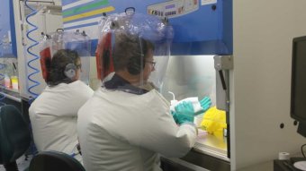 Two scientists working in biohazard protective equipment in a lab.