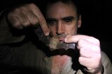 A man holding a small bat up to his face on a dark night.