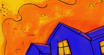 Drawing of a blue house with orange smoke and flames behind it