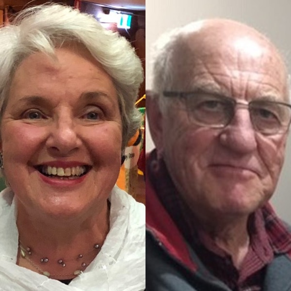 A composite image of an older man and an older woman smiling.