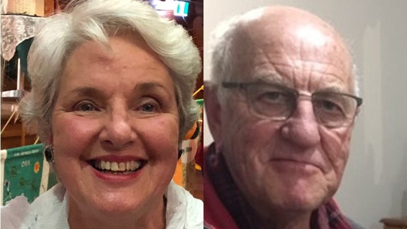 A composite image of an older man and an older woman smiling.