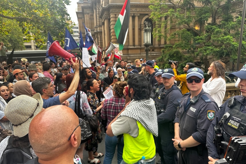 A crowd carries signs and Palestinian flags outside of Town Hall, facing a line of police officers.
