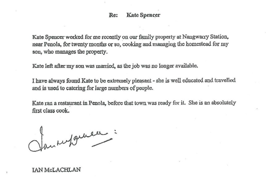 A letter of recommendation signed by Ian McLachlan. The finishing line reads "she is an absolutely first class cook".
