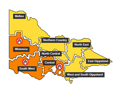 Un mapa de Victoria que muestra las partes sur y sureste del estado, mostrando una prohibición total de incendio en condiciones extremas.