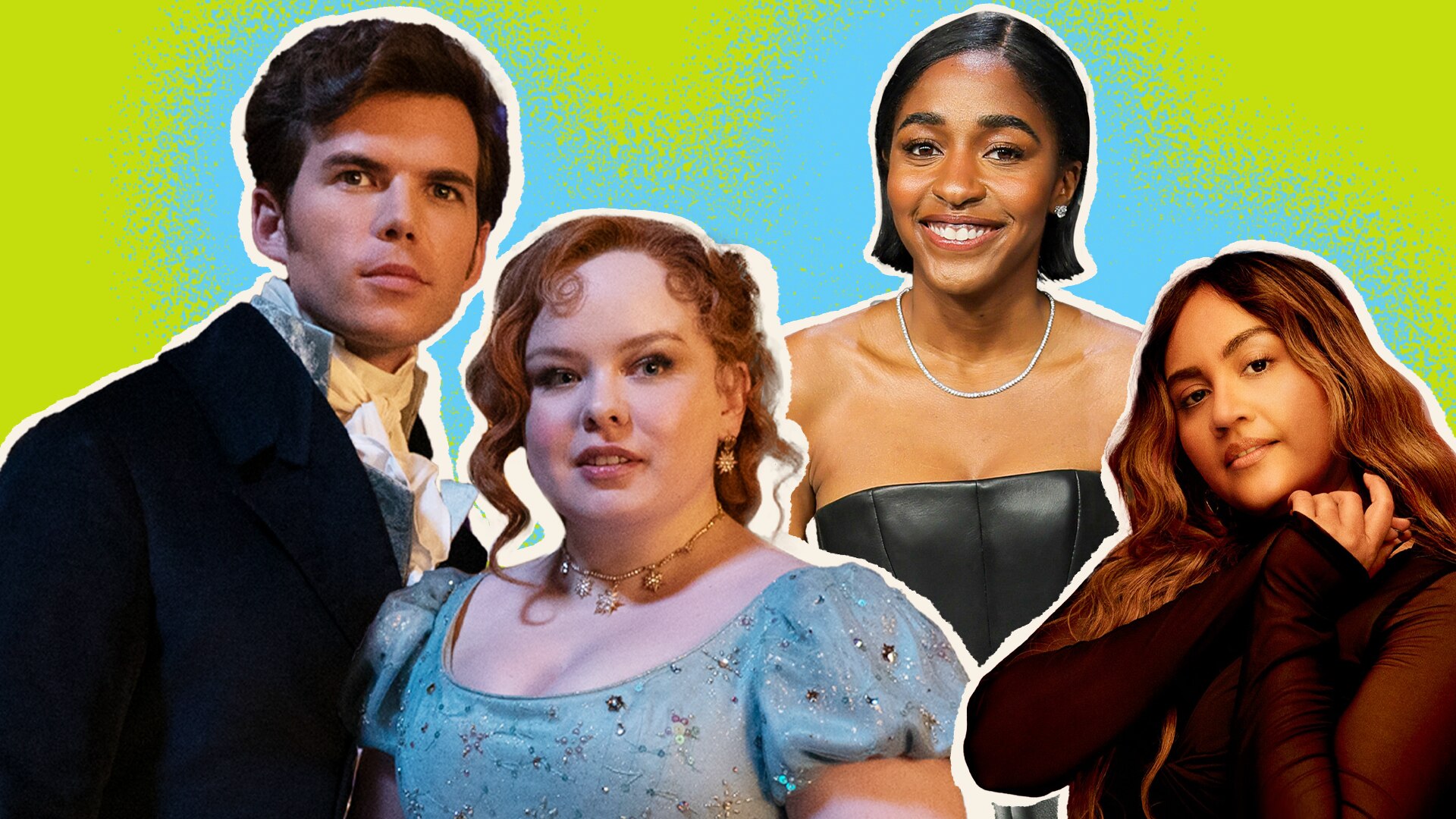 Composite of captioned people against a hazy blue and green background.