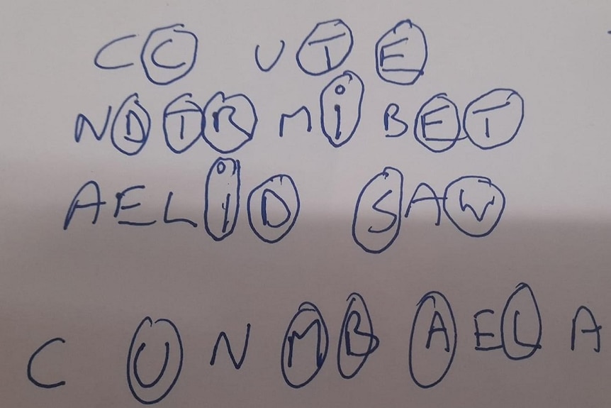 The letters written down on a piece of paper with circles around some of them 