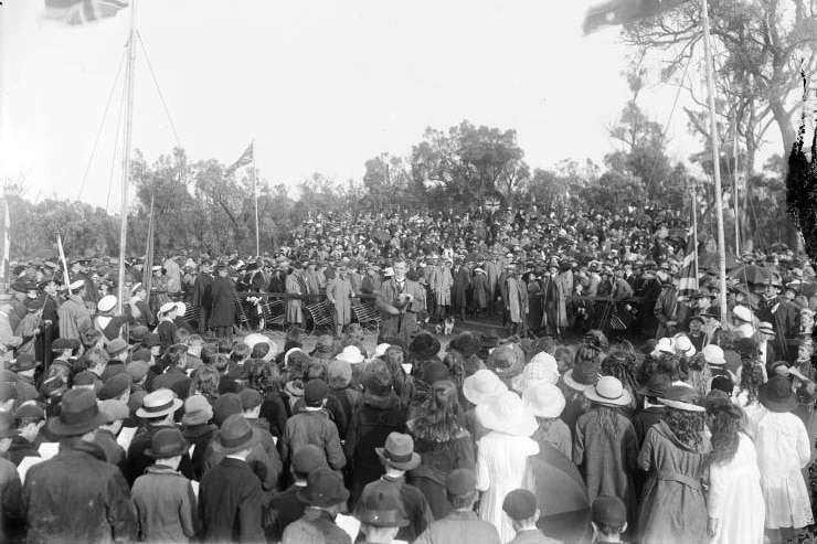 A black and white historical picture of crowds at an opening ceremony