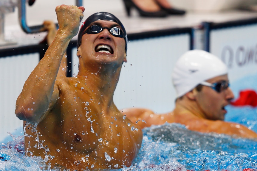 Nathan Adrian celebrates his victory over James Magnussen