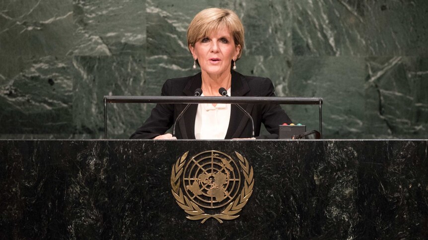 Julie Bishop stands at a lectern with the United Nations logo on the front. She is staring straight ahead