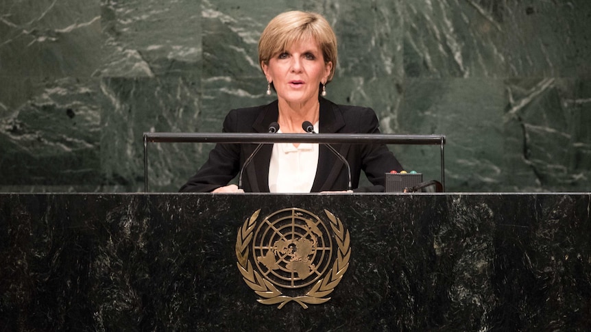 Julie Bishop stands at a lectern with the United Nations logo on the front. She is staring straight ahead