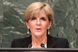 Julie Bishop stands at a lectern with the United Nations logo on the front. She is staring straight ahead