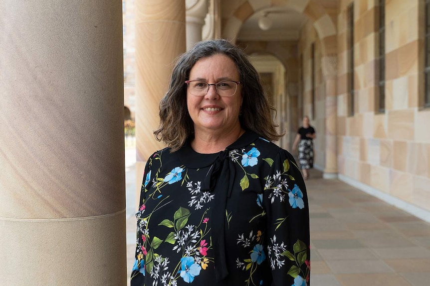 Geologist Professor Alice Clark stands at the Great Court of the University of Queensland St Lucia Campus in Brisbane.