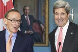 Australian Foreign Minister Bob Carr and US secretary of state John Kerry share a laugh as they front the media in Washington.