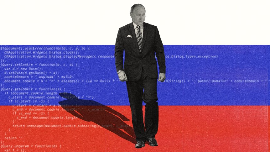 A monochrome Vladimir Putin is superimposed over a Russian flag, with lines of computer code overlaid on the graphic.