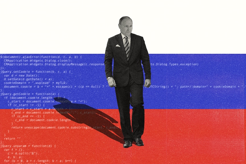 A monochrome Vladimir Putin is superimposed over a Russian flag, with lines of computer code overlaid on the graphic.