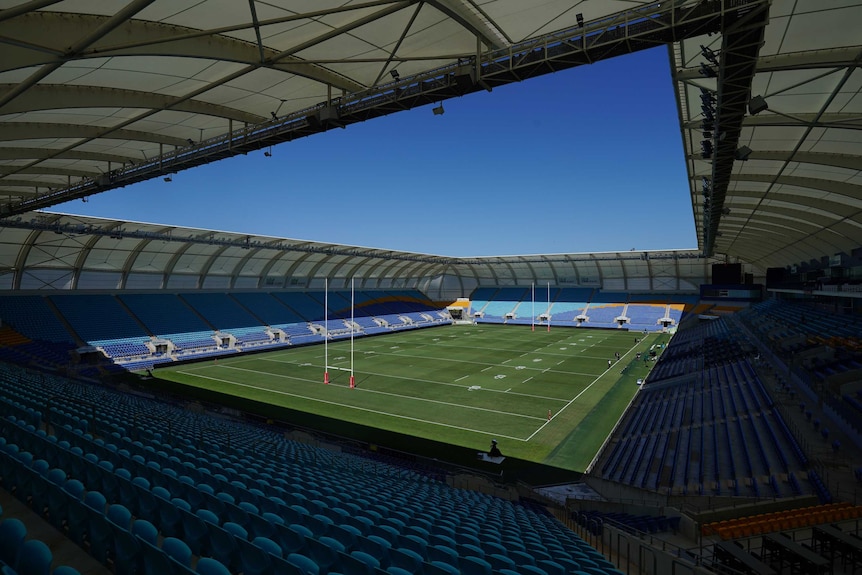 A view across an empty rugby league venue on a sunny day on the Gold Coast.