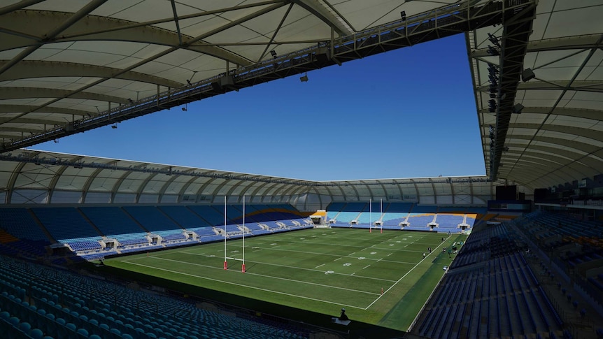 A view across an empty rugby league venue on a sunny day on the Gold Coast.
