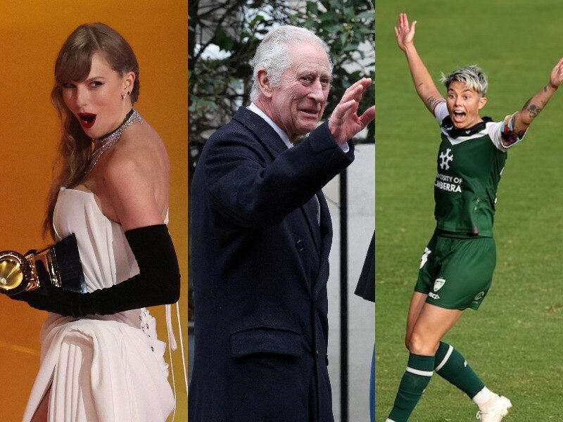 A composite image of Taylor Swift on stage at the Grammys, King Charles, and Michelle Heyman.