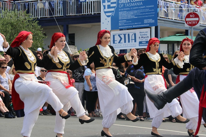 Dancers perform outside the Greek Community Club, Hobart, 2016