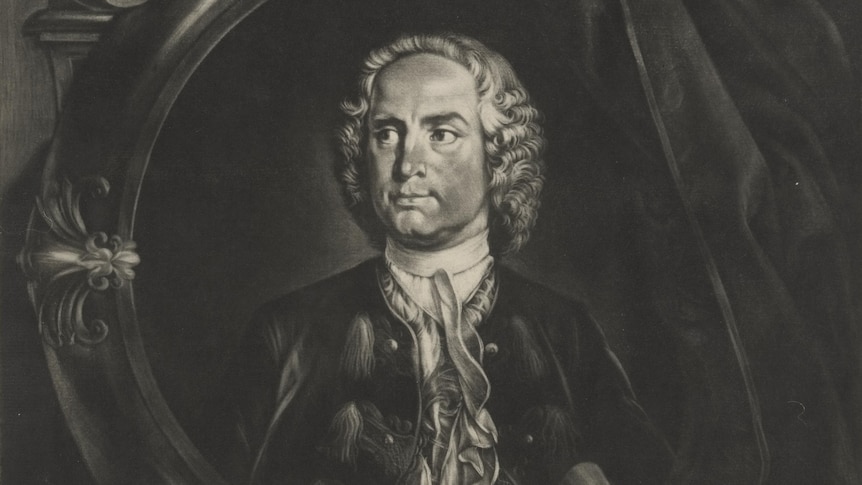 An 18th-century black and white mezzotint print of the face of Italian baroque composer Pietro Locatelli