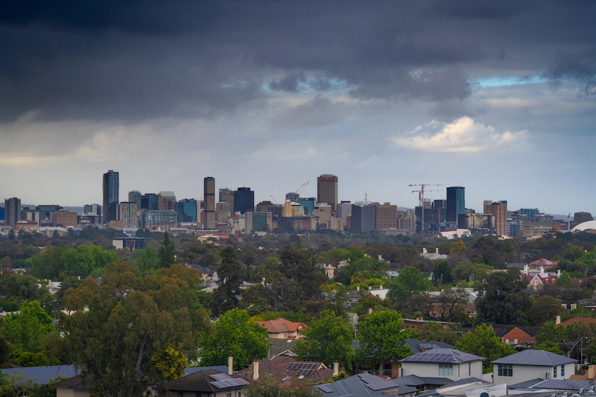A view of the Adelaide CBD skyline with trees and house rooftops in the foreground and cloudy skies above