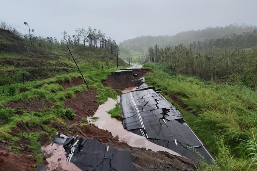 A road destroyed by a landslide