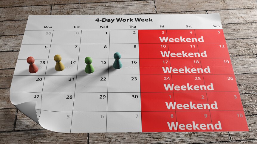 A month view of a calendar shows four days of work and three days of weekend. A visual representation of  the four day work week