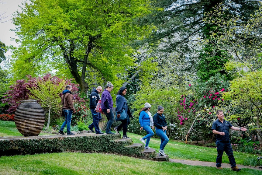 A tour group being led through a garden.
