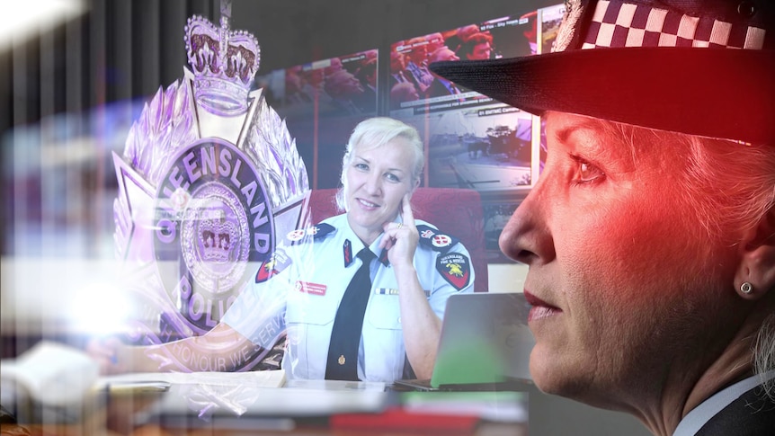 A graphic of a QPS badge alongside a photo of Katarina Carroll at her desk and a close-up of her face.