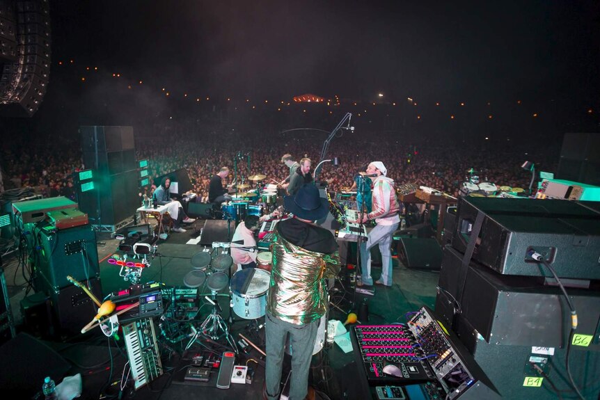 A view behind LCD Soundsystem performing at Splendour In The Grass 2017