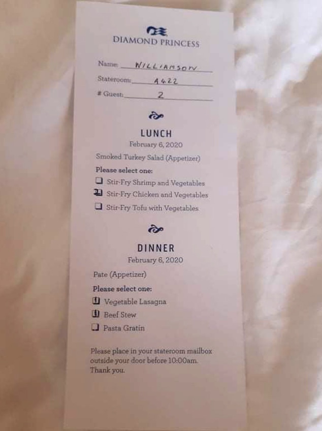 A room service menu on the Diamond Princess cruise ship.