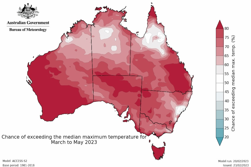 A map of Australia which is mostly red in colour, showing where high temperatures will be felt in autumn