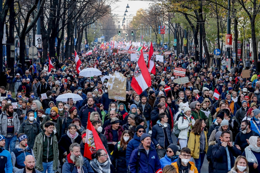 Hundreds of people gather along a major road holding Austrian flags.