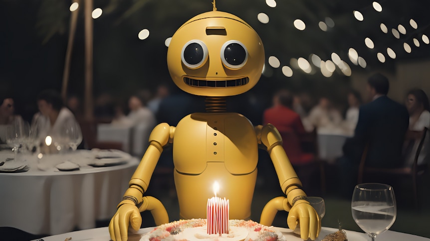 A yellow robot sits at a table in front of a birthday cake with a cluster of lit candles in the middle