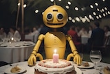 A yellow robot sits at a table in front of a birthday cake with a cluster of lit candles in the middle