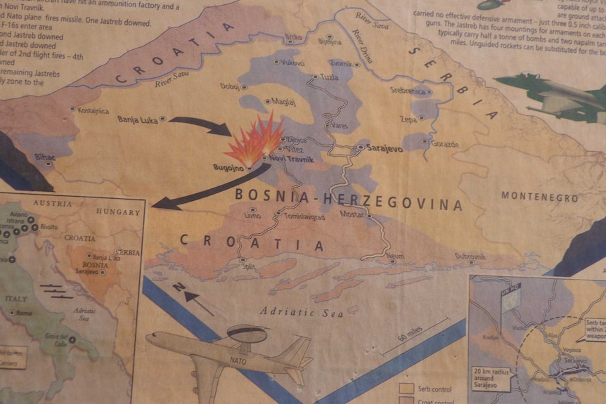 A photo of an old map of Bosnia-Herzegovina in Europe.