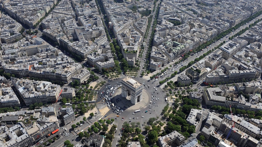 Aerial view of the Arc de triomphe and Champs Elysees avenue.