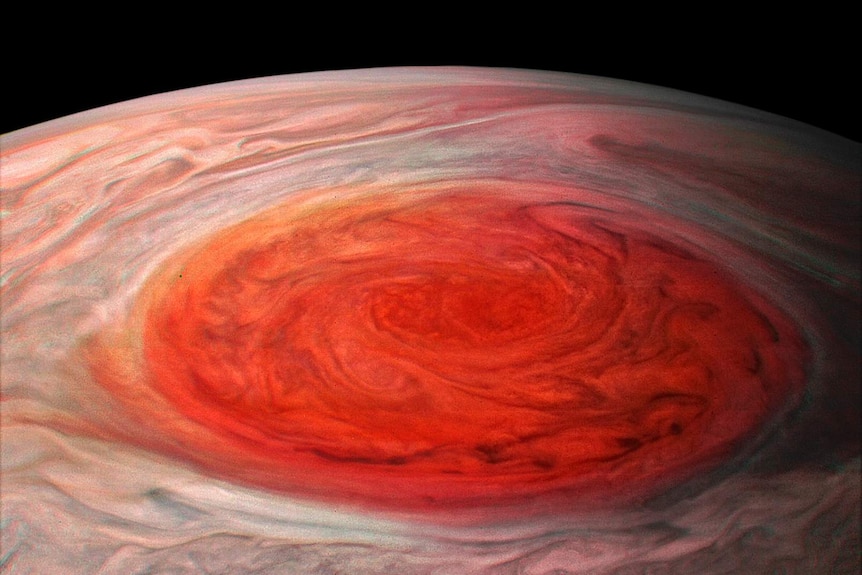 A close-up image of Jupiter's Great Red Spot, taken by the Juno spacecraft.