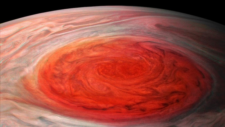 A close-up image of Jupiter's Great Red Spot, taken by the Juno spacecraft.