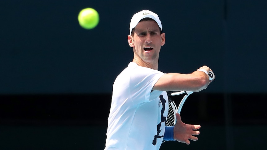 Novak Djokovic hits a tennis ball wearing a white t-shirt and cap.