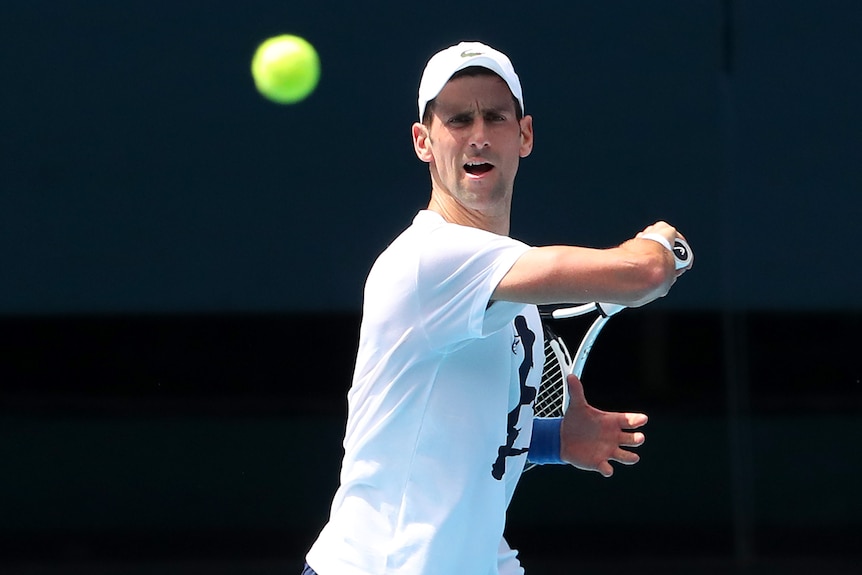 Novak Djokovic hits a tennis ball in a white shirt and hat.