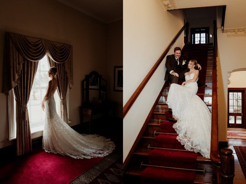 A composite of two wedding photos, one of a bride standing in fornt of a window and one of the bride and groom sitting on stair 