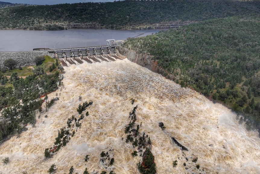A huge dam sends masses of water down the Lachlan River.