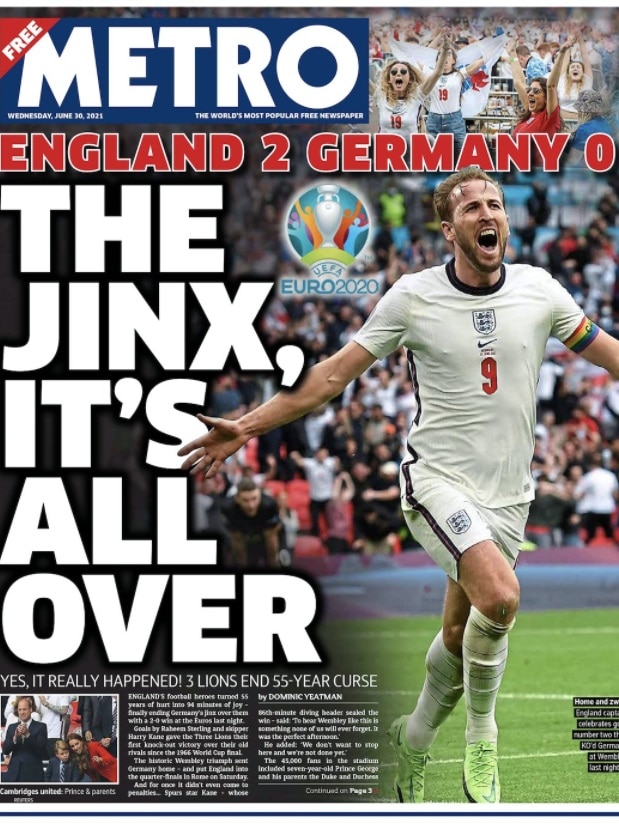 Image of the front page of an English newspaper with headline 'The jinx it's all over'.
