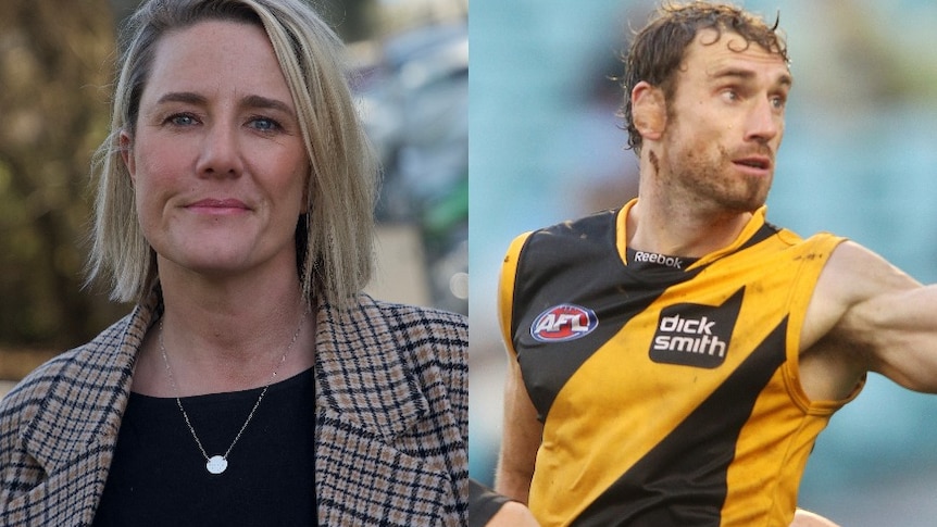 Composite image of a blonde woman wearing a black top and a man in a Richmond Tigers jersey.
