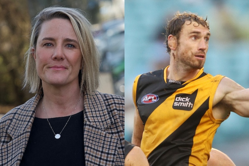 Composite image of a blonde woman wearing a black top and a man in a Richmond Tigers jersey.